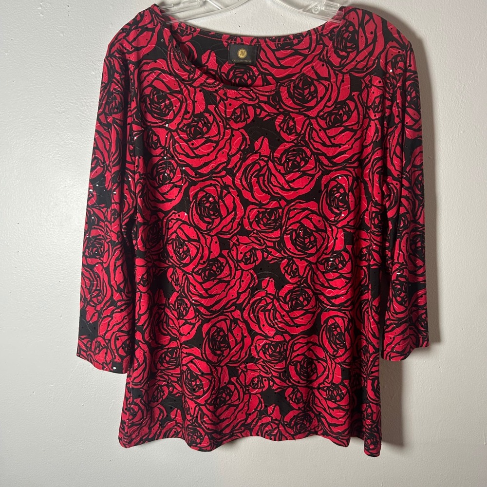 JM Collection Womens Red Black Rose Print 3/4 Sleeve Top P XL